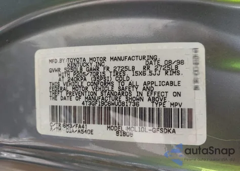 1998 Toyota Sienna Ce из США, поврежденный, VIN 4T3GF19C6WU081736